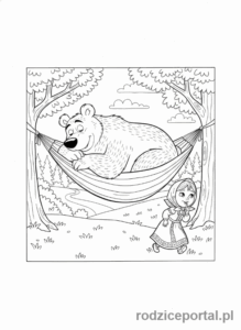 Kolorowanka Masza I Niedźwiedź - Niedźwiedź śpiący w hamaku