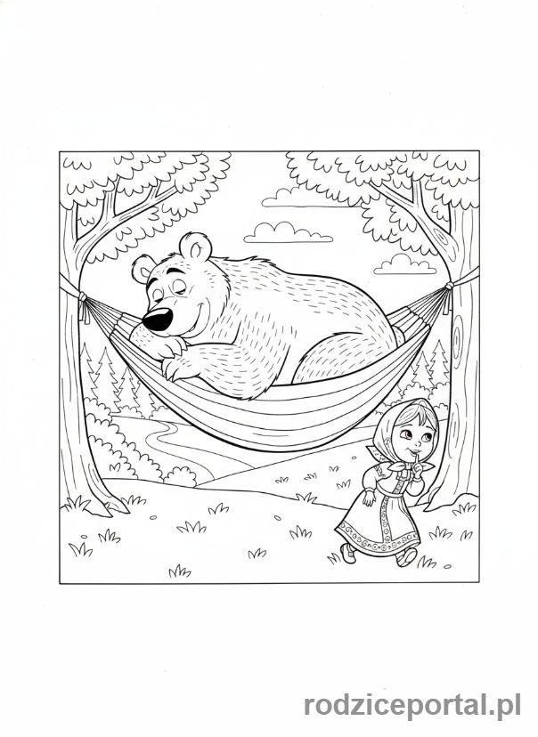 Kolorowanka Masza I Niedźwiedź - Niedźwiedź śpiący w hamaku