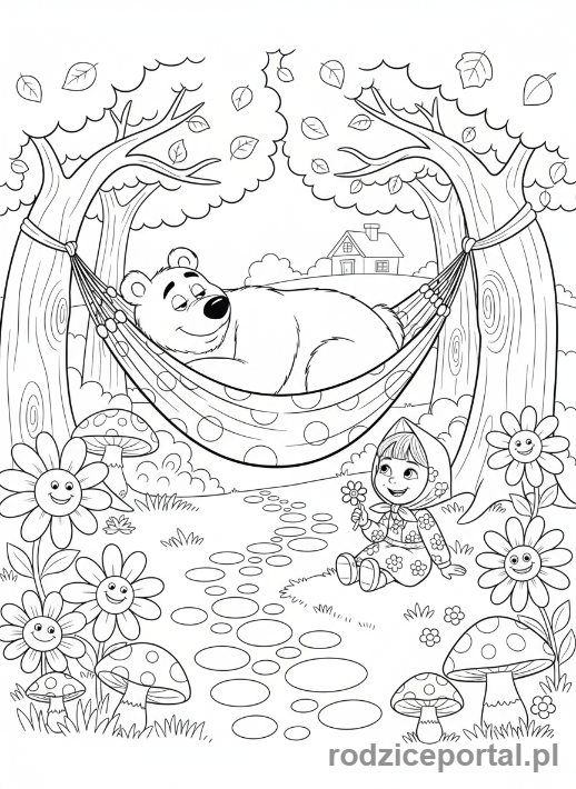 Kolorowanka Masza I Niedźwiedź - Niedźwiedź śpiący w hamaku, Masza obok
