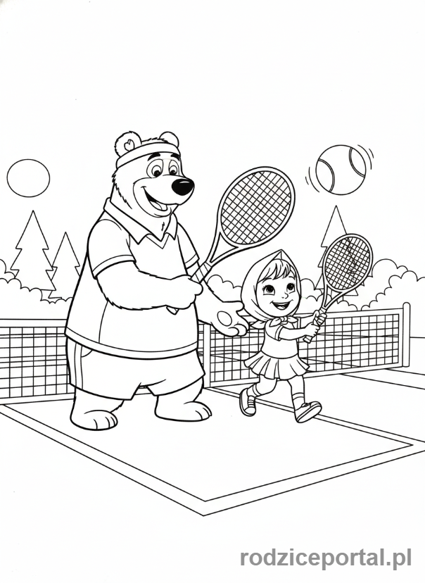 Kolorowanka Masza I Niedźwiedź - Niedźwiedź uczący Maszę grać w tenisa