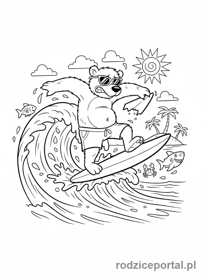 Kolorowanka Masza I Niedźwiedź - Niedźwiedź uczący się surfingu