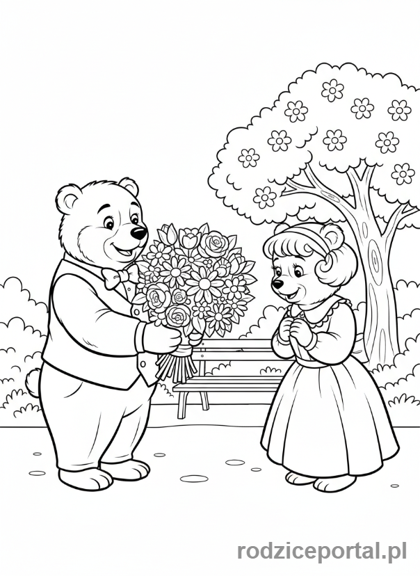 Kolorowanka Masza I Niedźwiedź - Niedźwiedź z wielkim bukietem kwiatów dla Niedźwiedzicy
