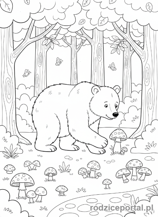 Kolorowanka Masza I Niedźwiedź - Niedźwiedź zbierający grzyby w lesie