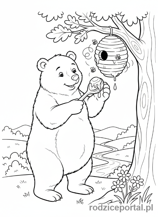 Kolorowanka Masza I Niedźwiedź - Niedźwiedź zbierający miód z ula