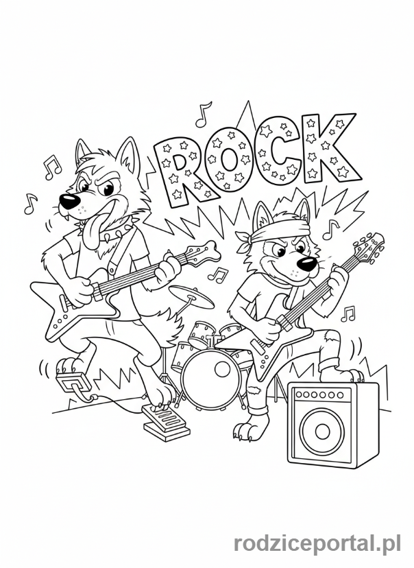 Kolorowanka Masza I Niedźwiedź - Wilki grające na gitarach elektrycznych
