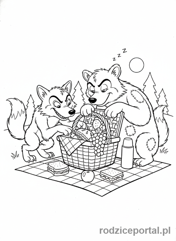 Kolorowanka Masza I Niedźwiedź - Wilki próbujące ukraść jedzenie Niedźwiedziowi
