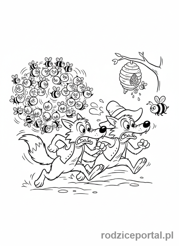 Kolorowanka Masza I Niedźwiedź - Wilki uciekające przed pszczołami