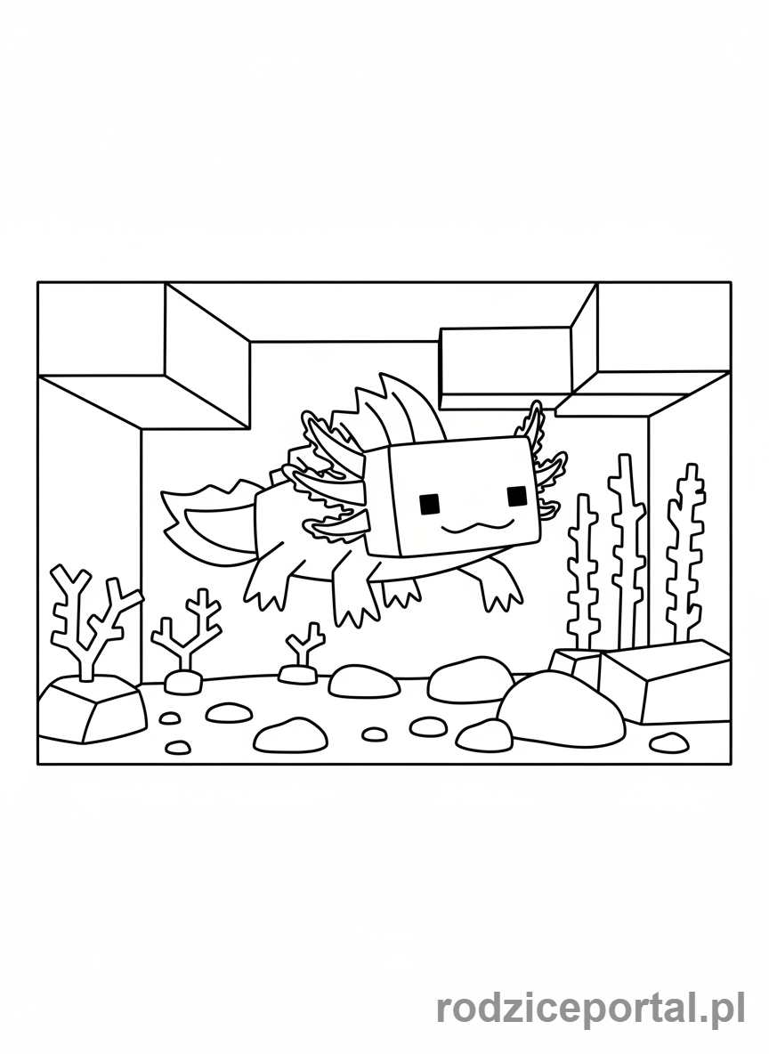 Kolorowanka Minecraft - Aksolotl w podwodnej jaskini