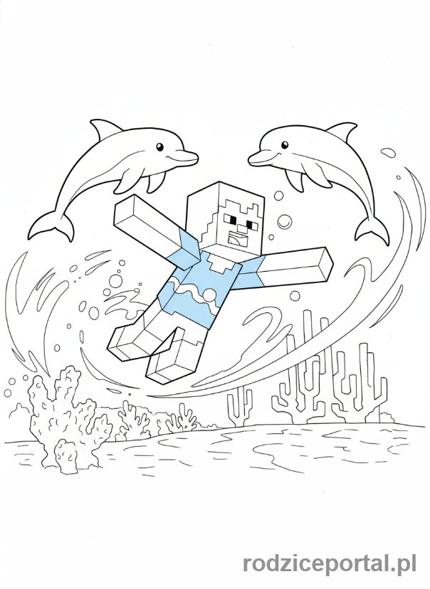 Kolorowanka Minecraft - Alex pływająca z delfinami