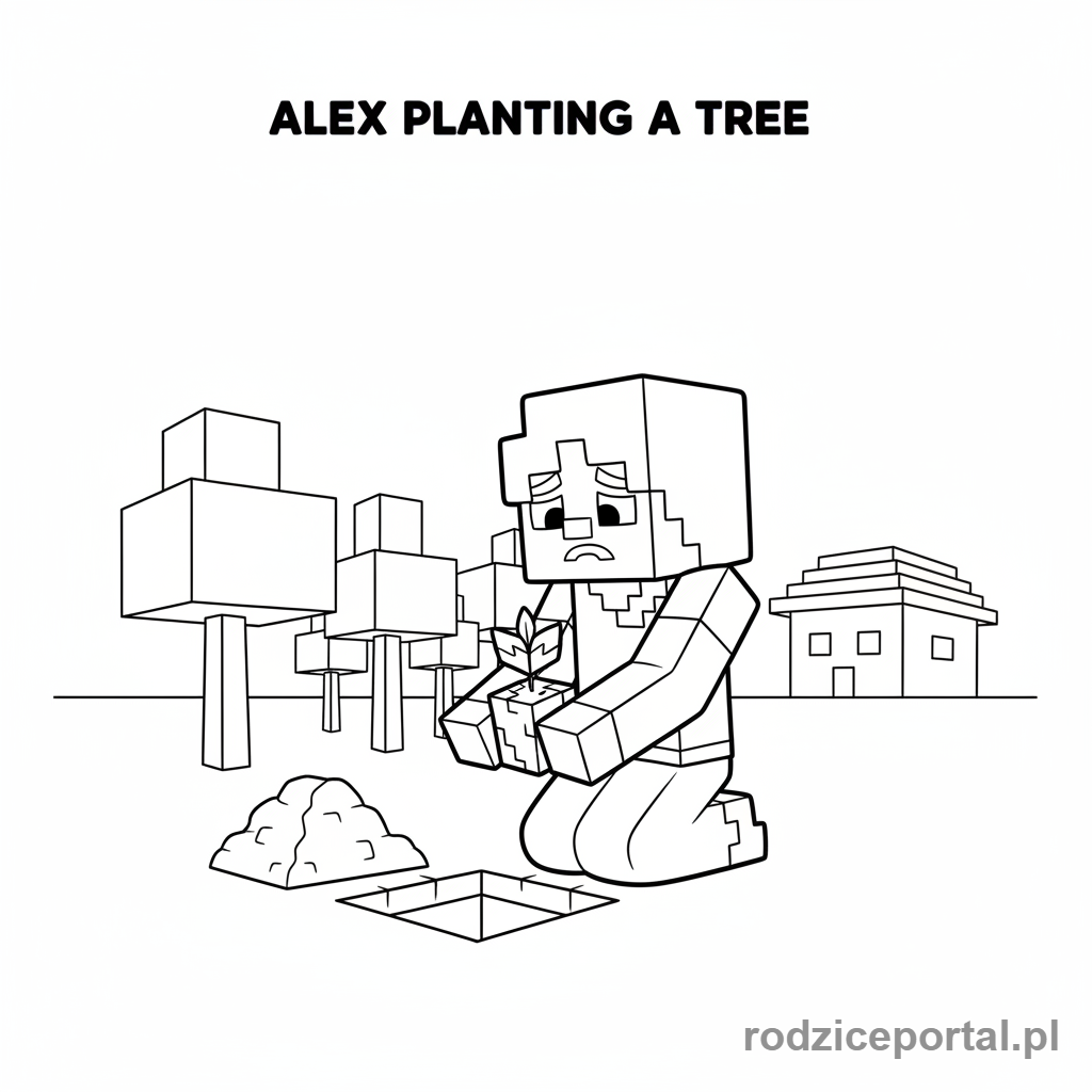 Kolorowanka Minecraft - Alex sadząca drzewo