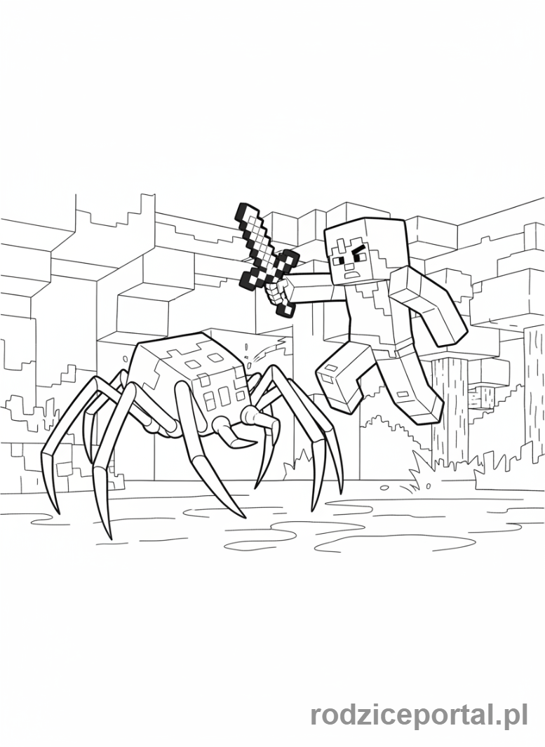 Kolorowanka Minecraft - Alex walcząca z pająkiem