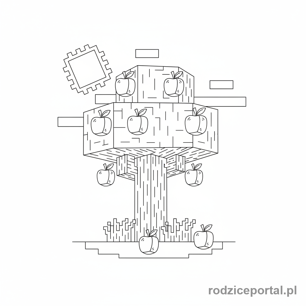 Kolorowanka Minecraft - Drzewo z jabłkami