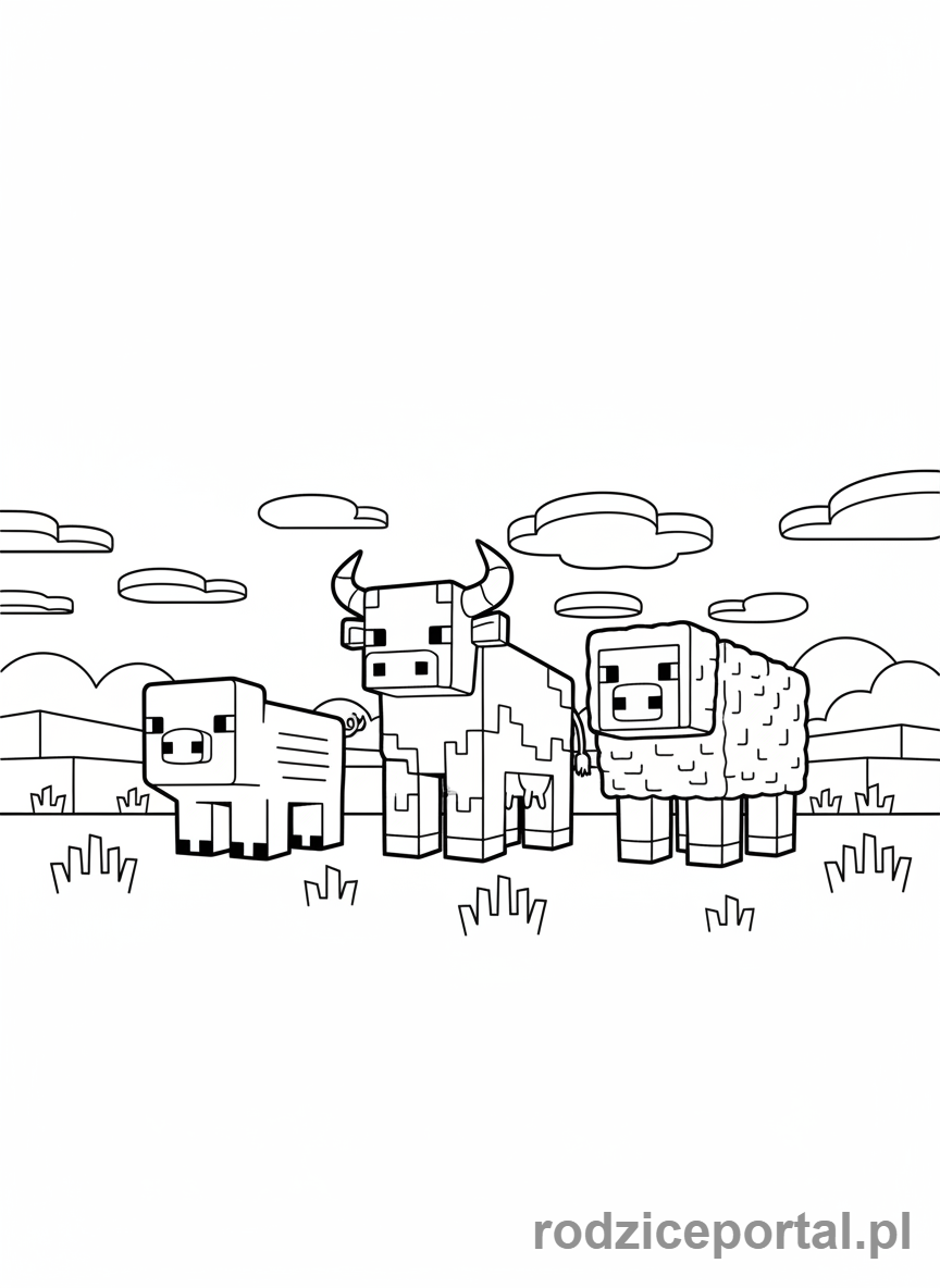 Kolorowanka Minecraft - Grupa potulnych zwierząt