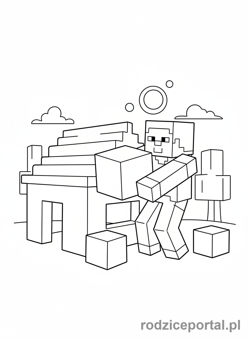 Kolorowanka Minecraft - Steve budujący dom
