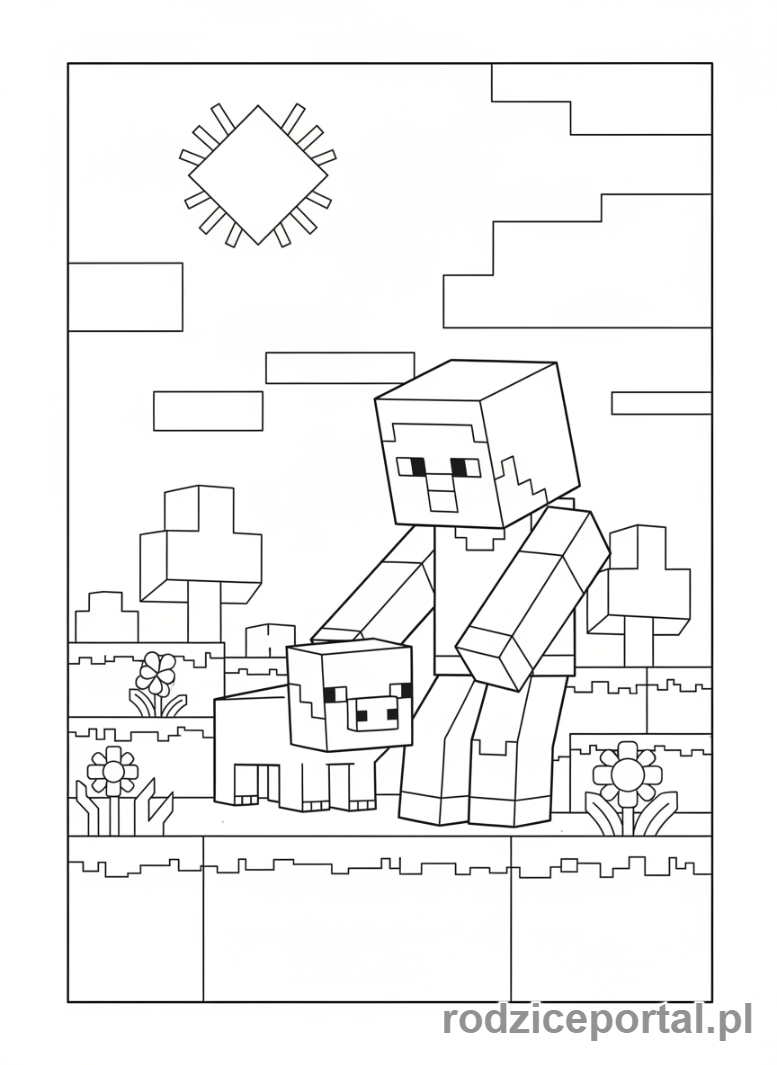 Kolorowanka Minecraft - Steve ze świnką