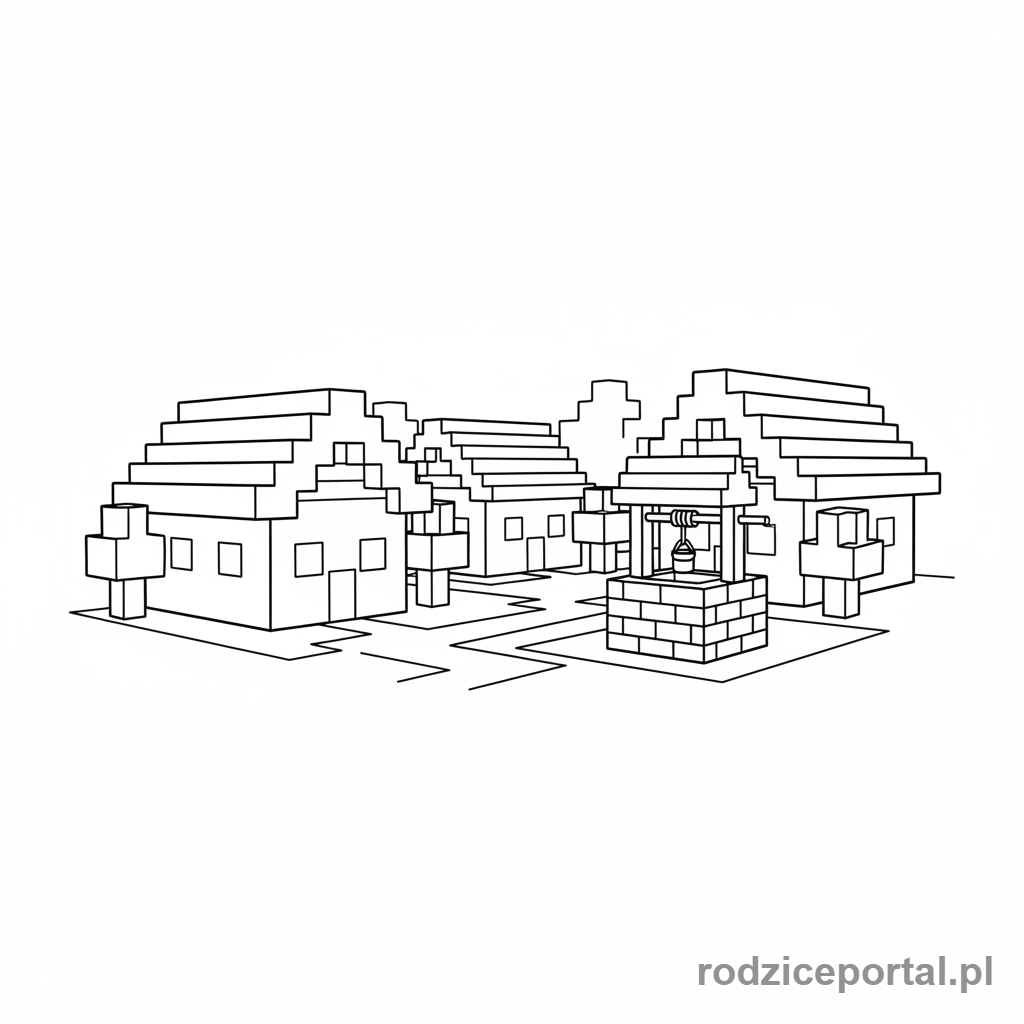 Kolorowanka Minecraft - Wioska ze studnią