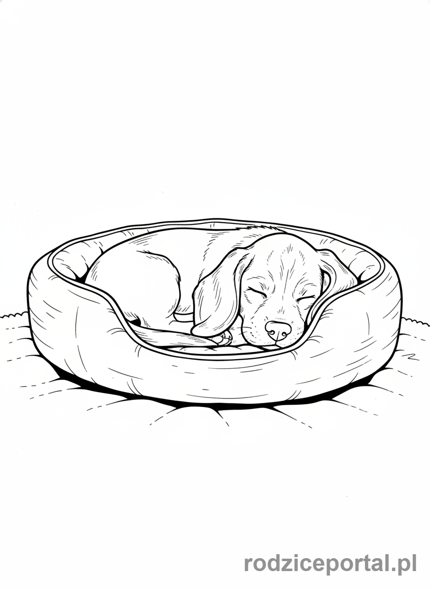 Kolorowanka Pieski - Beagle śpiący spokojnie w legowisku.