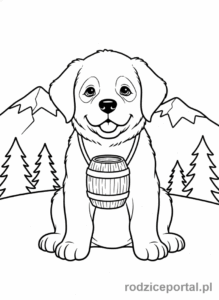 Kolorowanka Pieski - Bernardyn z małą beczułką na szyi.