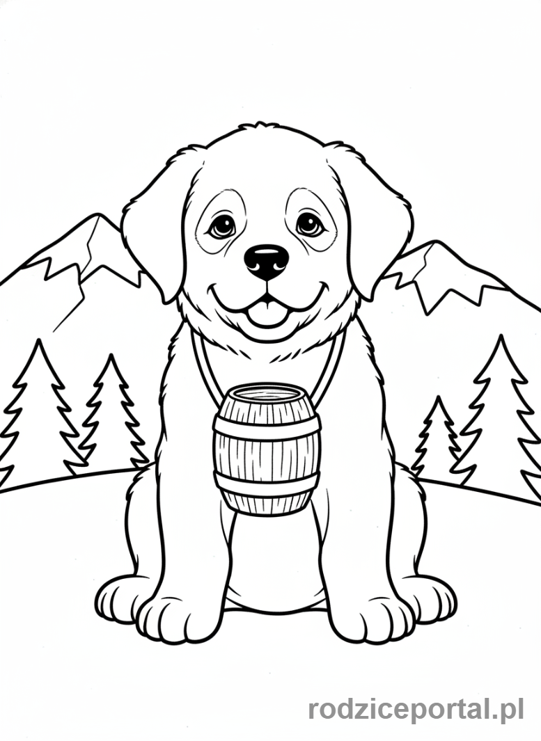 Kolorowanka Pieski - Bernardyn z małą beczułką na szyi.