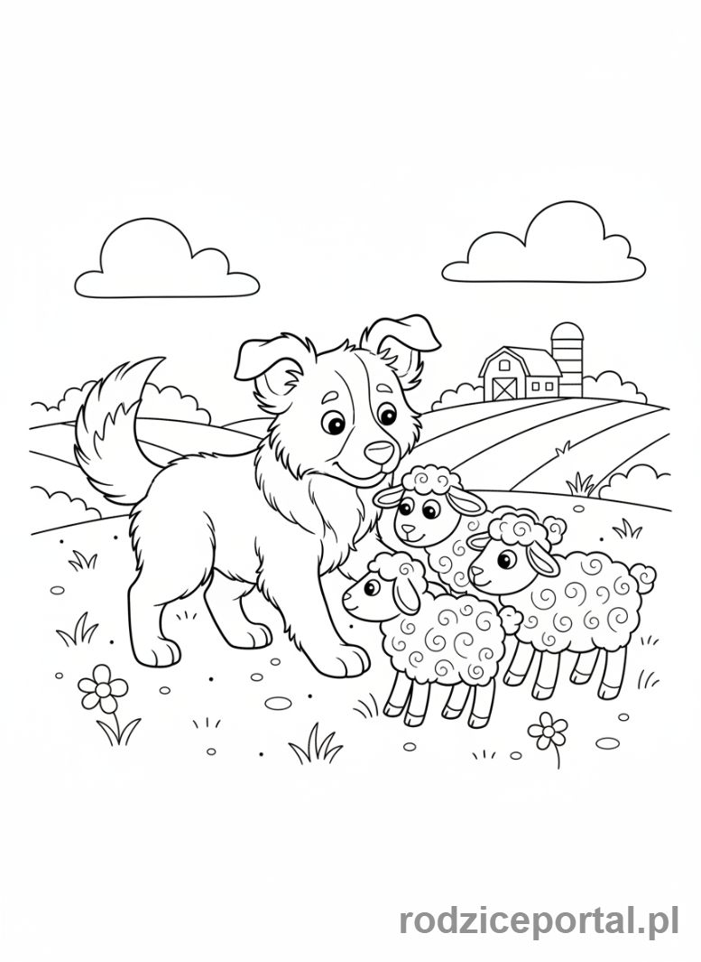 Kolorowanka Pieski - Border Collie delikatnie pasący małe owce.