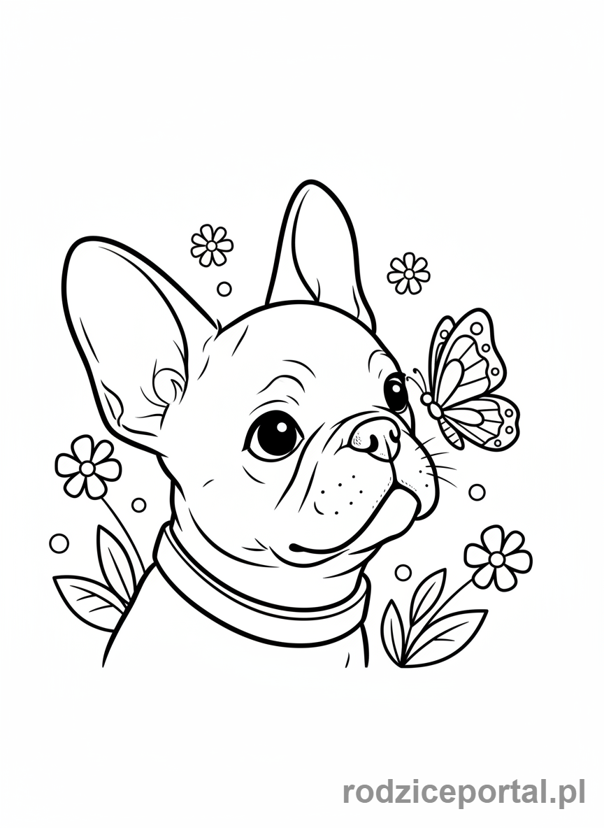 Kolorowanka Pieski - Buldog francuski obserwujący motyla.