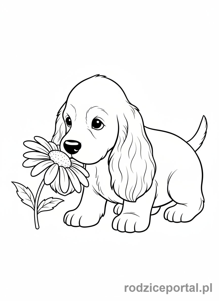 Kolorowanka Pieski - Cocker Spaniel z długimi, zwisającymi uszami, wąchający kwiat.