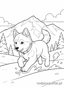 Kolorowanka Pieski - Husky biegnący w śnieżnym krajobrazie.