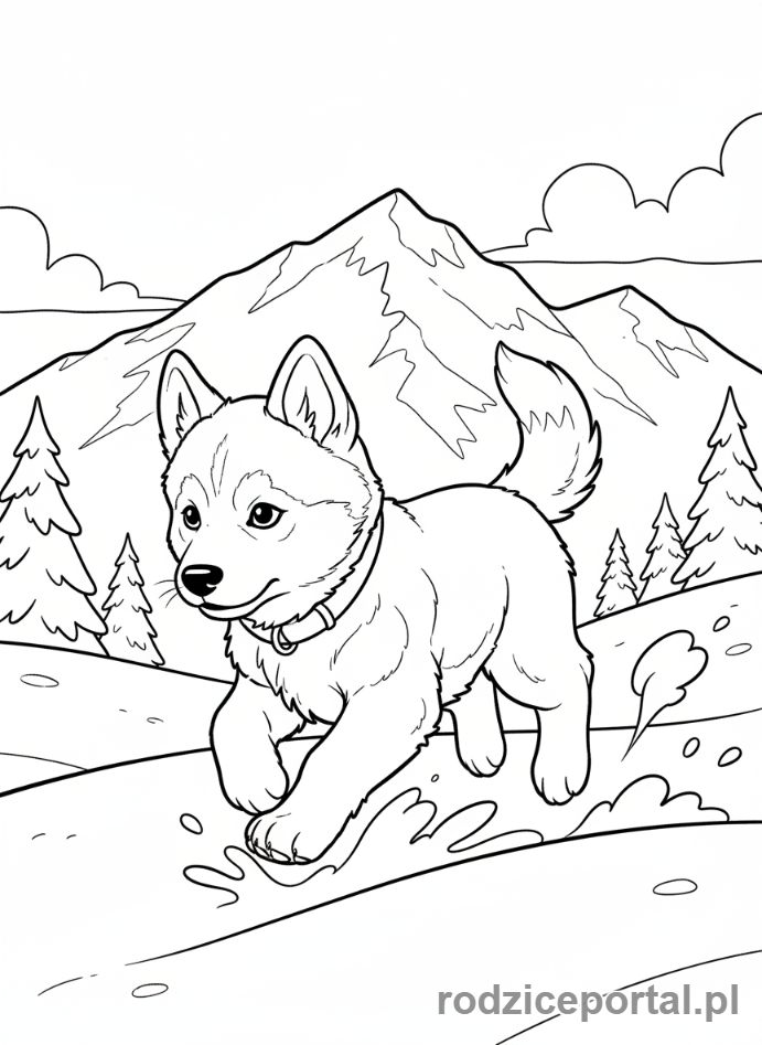 Kolorowanka Pieski - Husky biegnący w śnieżnym krajobrazie.