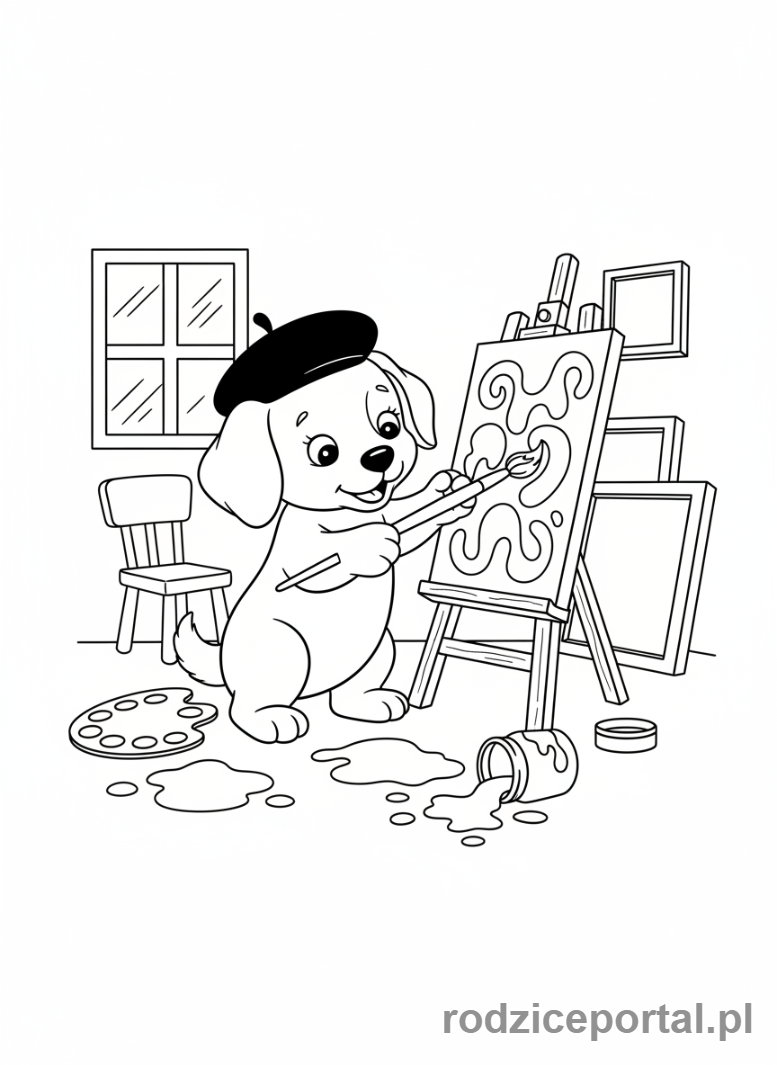 Kolorowanka Pieski - Kreatywny piesek w berecie, malujący na sztaludze.