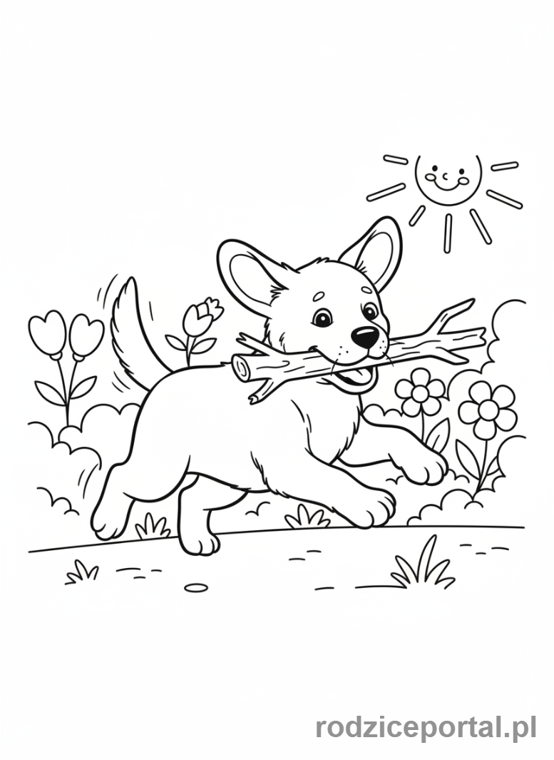 Kolorowanka Pieski - Labrador aportujący patyk w ogrodzie.