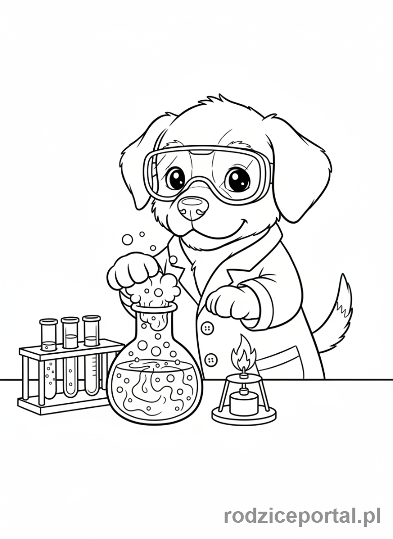 Kolorowanka Pieski - Mądry piesek-naukowiec w fartuchu laboratoryjnym.