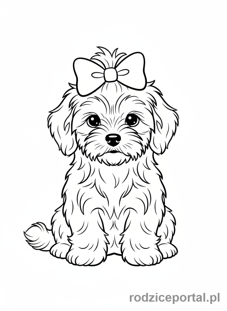 Kolorowanka Pieski - Maltańczyk z różową kokardką we włosach.