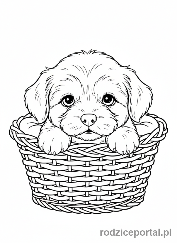 Kolorowanka Pieski - Mały szczeniaczek wyglądający z koszyka.