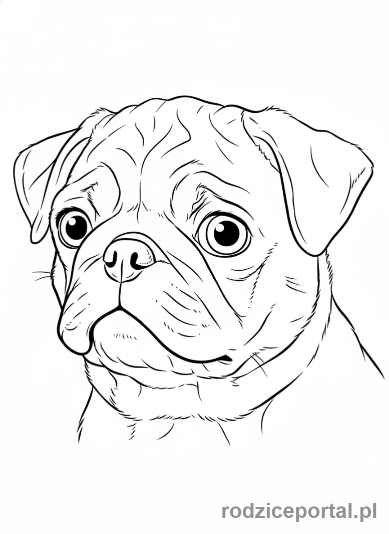 Kolorowanka Pieski - Mops z zabawnym, ciekawskim wyrazem pyska.