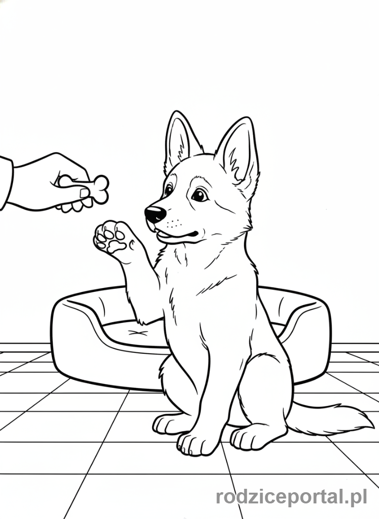 Kolorowanka Pieski - Owczarek niemiecki uczący się sztuczki.