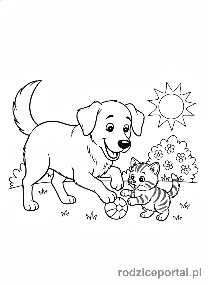 Kolorowanka Pieski - Piesek bawiący się z kotkiem