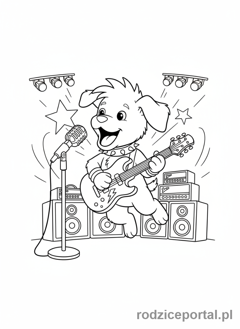 Kolorowanka Pieski - Piesek-gwiazda rocka grający na gitarze elektrycznej.