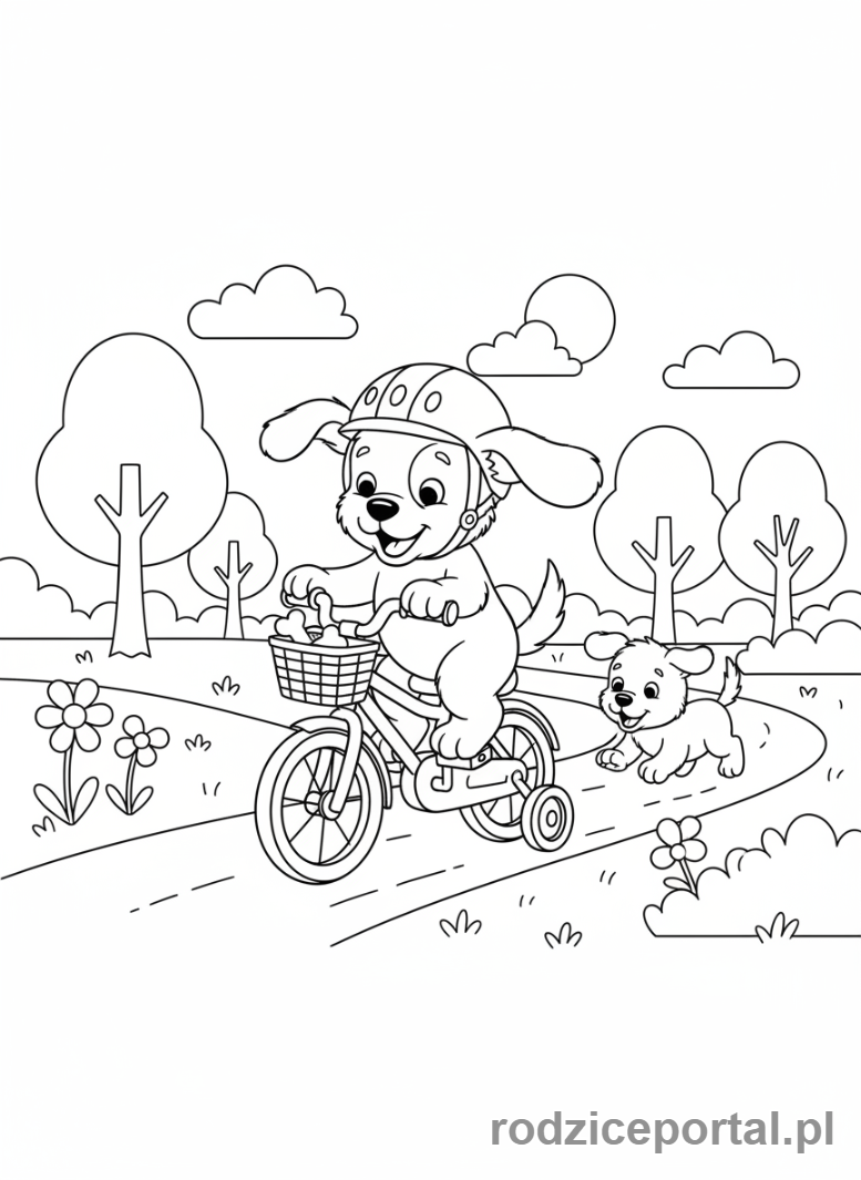 Kolorowanka Pieski - Piesek jeżdżący na małym rowerze.