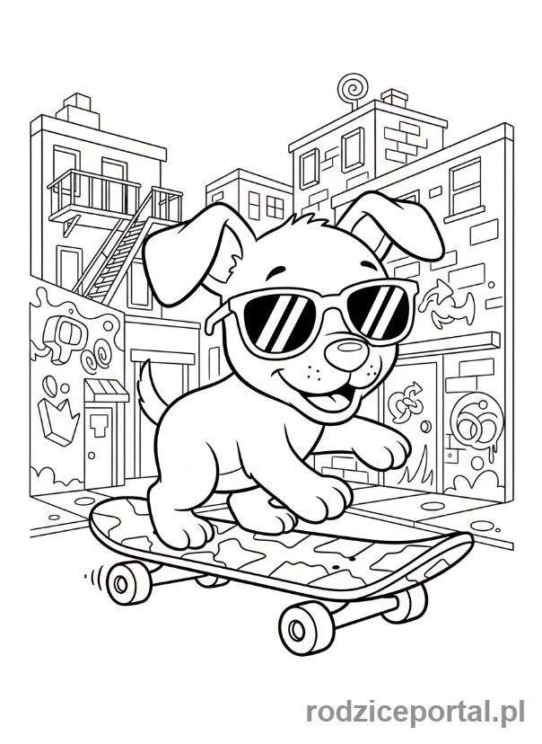 Kolorowanka Pieski - Piesek na deskorolce w okularach przeciwsłonecznych.