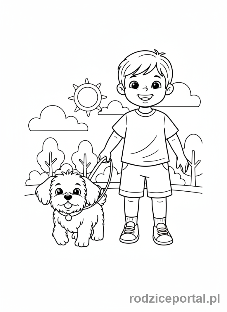 Kolorowanka Pieski - Piesek na spacerze z dzieckiem