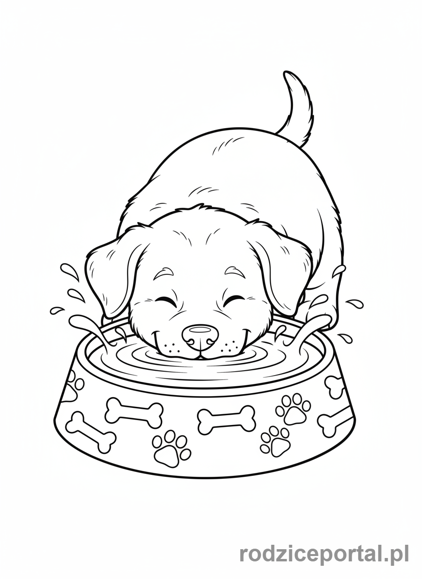 Kolorowanka Pieski - Piesek pijący wodę z miski z radością.