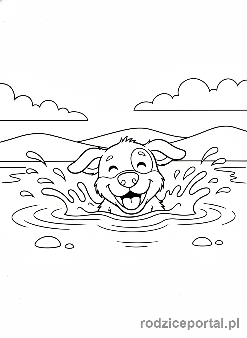 Kolorowanka Pieski - Piesek pływający w jeziorze