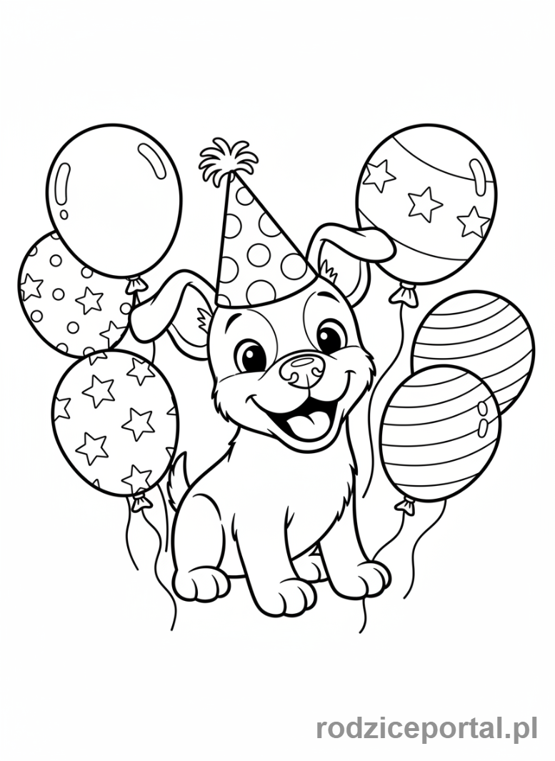 Kolorowanka Pieski - Piesek w czapce urodzinowej, wyglądający na podekscytowanego.