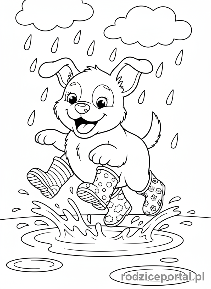 Kolorowanka Pieski - Piesek w kolorowych kaloszach, pluskający w kałuży.