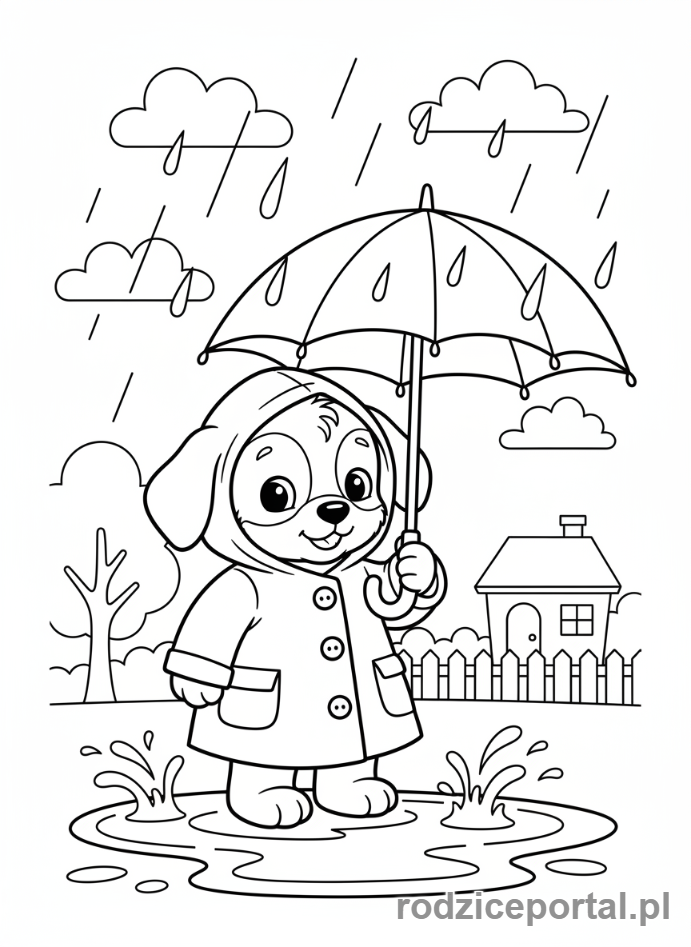 Kolorowanka Pieski - Piesek w płaszczu przeciwdeszczowym z parasolką.