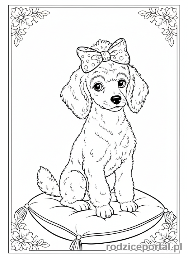 Kolorowanka Pieski - Pudel z elegancką kokardą na głowie.