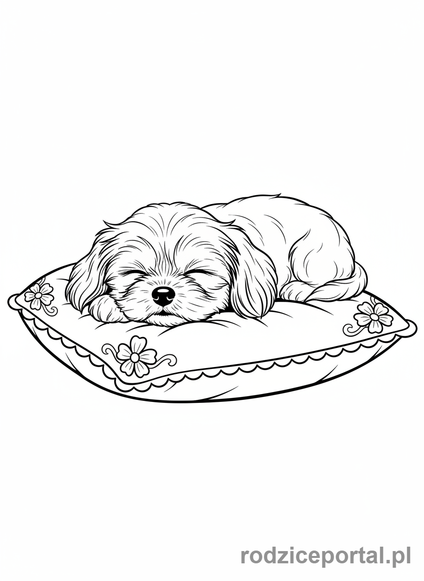 Kolorowanka Pieski - Puszysty Shih Tzu relaksujący się na poduszce.