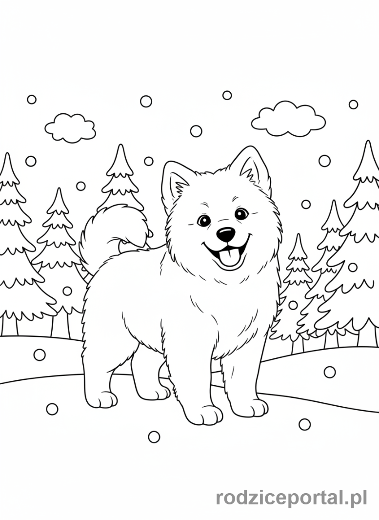 Kolorowanka Pieski - Samojed z uśmiechem w śnieżnym lesie.
