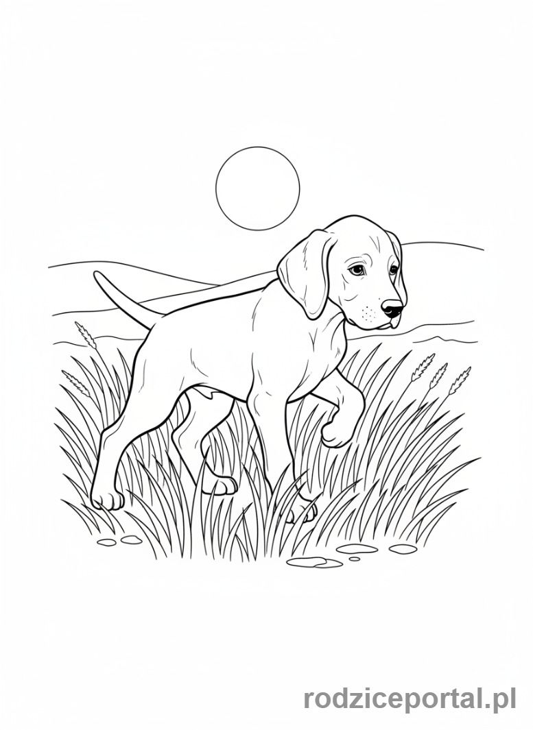 Kolorowanka Pieski - Skupiony szczeniak Psa Angielskiego Pointera.