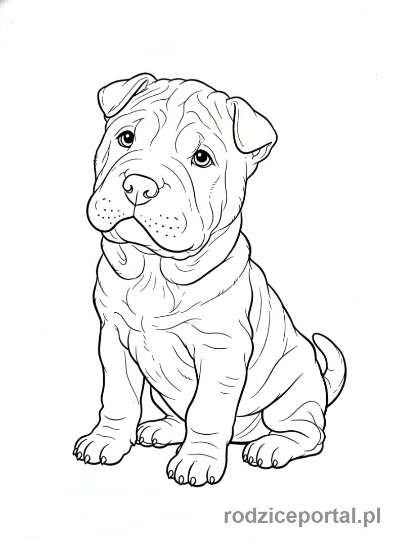 Kolorowanka Pieski - Słodki Shar Pei z charakterystycznymi fałdkami.